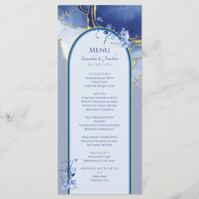 Menu Plano de Casamento Azul de Mármore Moderno (Frente)