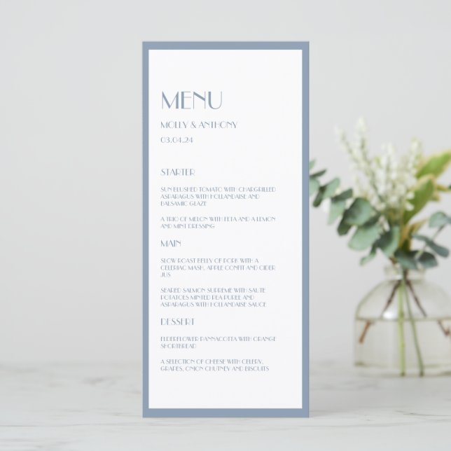 Menu Plano de Casamento Azul Moderno Deco Dusty (Em pé/Frente)