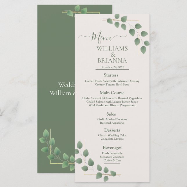 Menu Plano de Casamento de Licença Verde Minimalis (Frente/Verso)