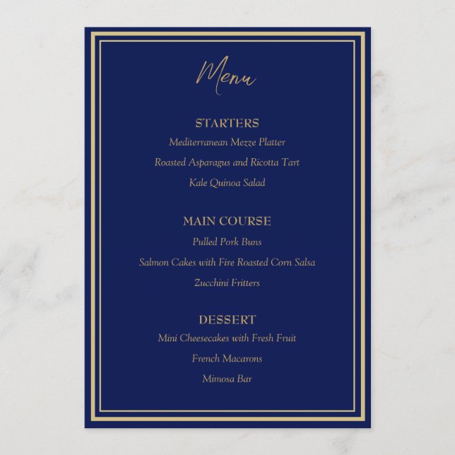 Menu Plano de Casamento Dourado Azul Nouveau (Frente)