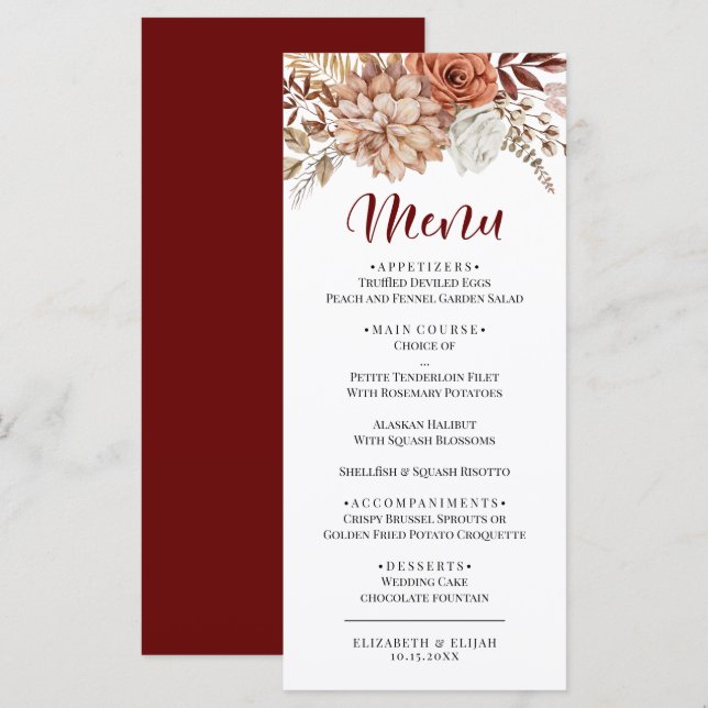 Menu Plano de Casamento Floral de Autumn Burgundy (Frente/Verso)