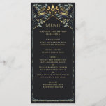 Menu Plano de Casamento Gótico Encantado de Raven<br><div class="desc">Design de casamento elegante e gótico com corvos e folhagem. Este design apresenta um fundo preto,  com rajadas azuis escuras e folhas verdes mutadas com sotaques dourados. Correspondência de Itens em nosso compro para um tema completo de festa.</div>