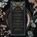 Menu Plano de Casamento Gótico Encantado de Raven<br><div class="desc">Design de casamento elegante e gótico com corvos e folhagem. Este design apresenta um fundo preto,  com rajadas azuis escuras e folhas verdes mutadas com sotaques dourados. Correspondência de Itens em nosso compro para um tema completo de festa.</div>