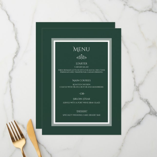 Menu plano de casamento verde-merald (Frente/Verso In Situ)