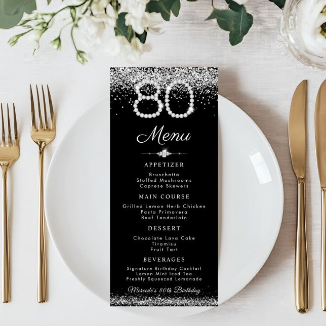 Menu Plano de Janto de Aniversário de 80 de Ouros  (Silver Diamonds 80th birthday Menu Card)