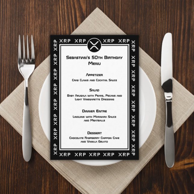 Menu Plano de Moeda Criptográfica do XRP Preto e B (Black and White XRP Menu Card for Crypto Enthusiasts)
