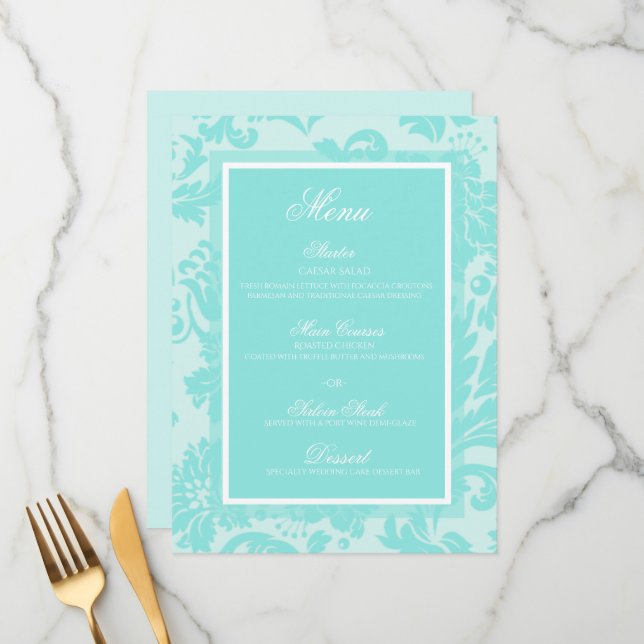 Menu plano do casamento tema damasco Teal (Frente/Verso In Situ)
