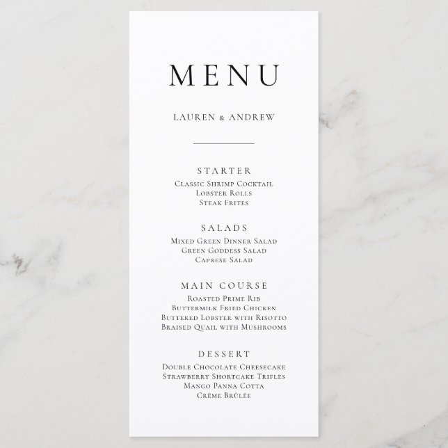 Menu plano Mínimo I preto e branco elegante (Frente)
