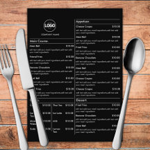 Menu Plano Placas Mesas do Restaurante Preto