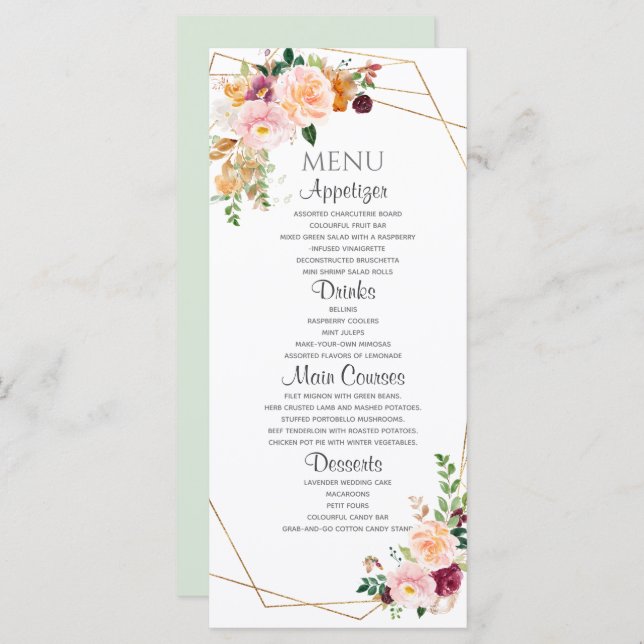 Menu Plano Rosas Blush E Burgundy. (Frente/Verso)