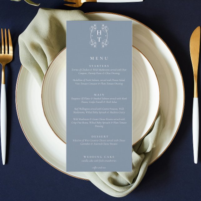 Menu Pó Floral Elegante Monograma Dusty Casamento Azul (Elegant Floral Crest Monogram Dusty Blue Wedding Menu)