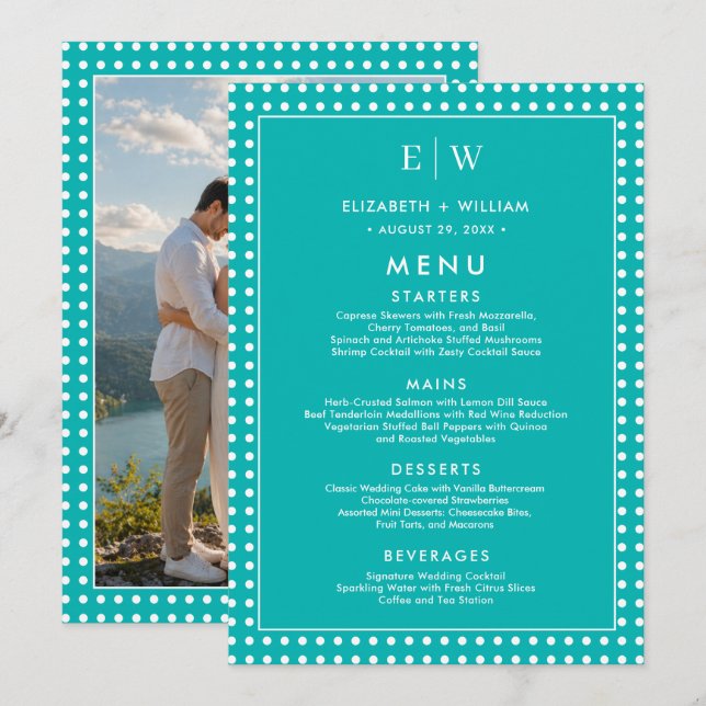 Menu Pontos Brancos Polka em Azul Turquesa – Casamento  (Frente/Verso)
