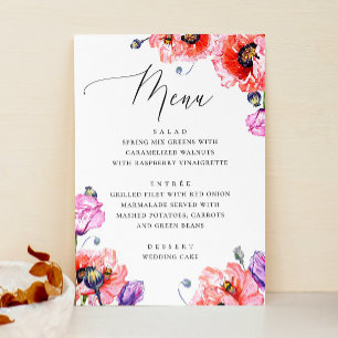 Menu Poppies. Casamento de guião floral vermelho de aqu