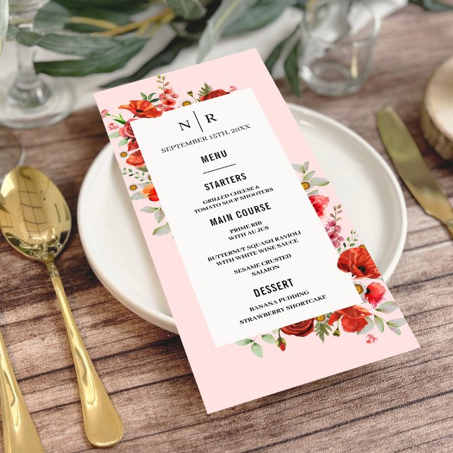 Menu Poppy Wildflower Monograma Casamento Rosa (Criador carregado)