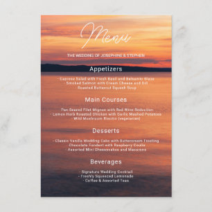 Menu Pôr do sol laranja sobre opções de refeições à bei