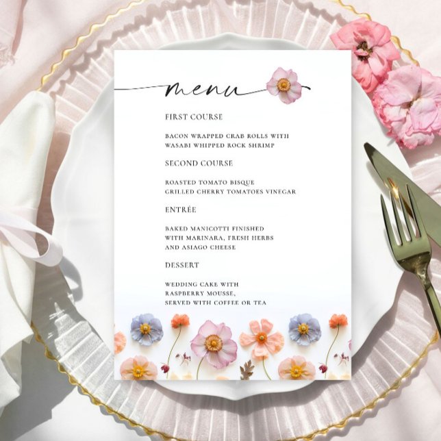 Menu Pormenores do Casamento do Pastel Pink Boho Wildfl (Criador carregado)