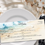 Menu Praia Casamento Costeiro do Oceano Azul<br><div class="desc">Menu de casamento com tema de praia com itens de memu personalizados. Design apresenta uma cena aquática de um lindo oceano azul caindo a areia da bela praia sob o céu de verão. Letra moderna com script de estilo casual e escrito à mão. Perfeito para um casamento de praia, casamento...</div>