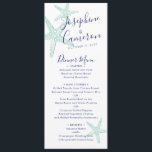 Menu Praia Casamento de Teal Blue Starfish Modern<br><div class="desc">Cartaz do Janto Teal Aqua Blue Turquoise Starfish Cartão para um janto de tema da praia,  janto de ensaio ou casamento de destino contém uma ilustração típica de estrelas-do-mar e fontes elegantes de script moderno. Use a ferramenta modelo para alterar fontes e cores ou design.</div>