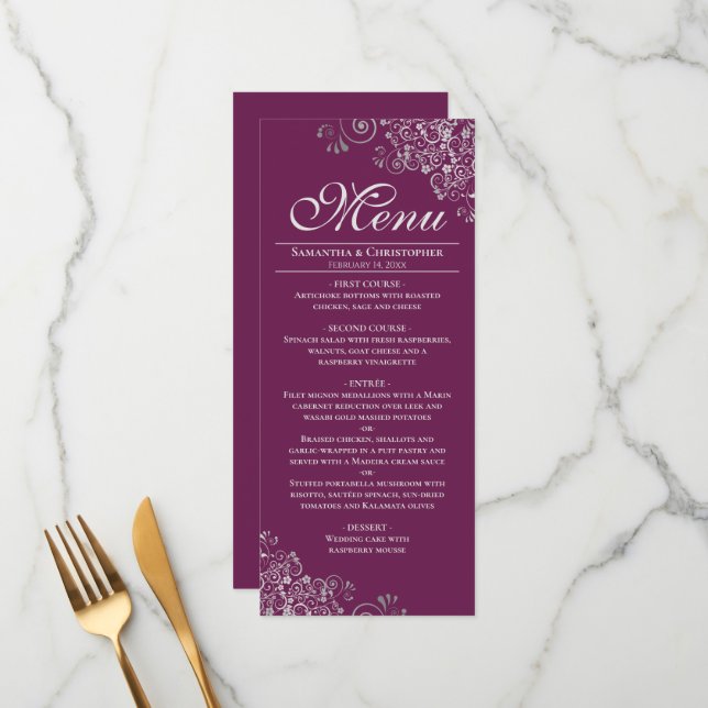 Menu Prata Elegante de Casamentos Magenta ou Berry (Frente/Verso In Situ)