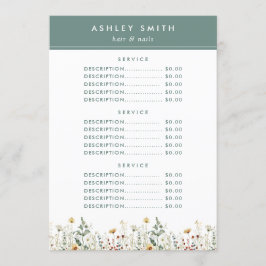 Menu Preço de Campo de Flor Selvagem de Verão