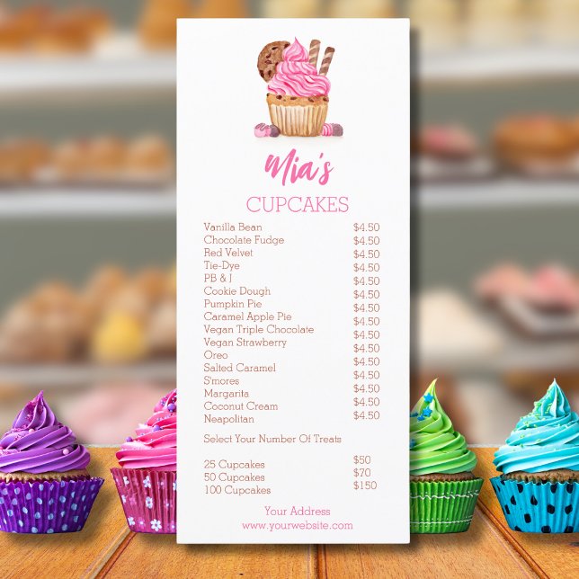 Menu Preço de Cupcake Rosa em Aquarela com Biscoito Pad (Criador carregado)