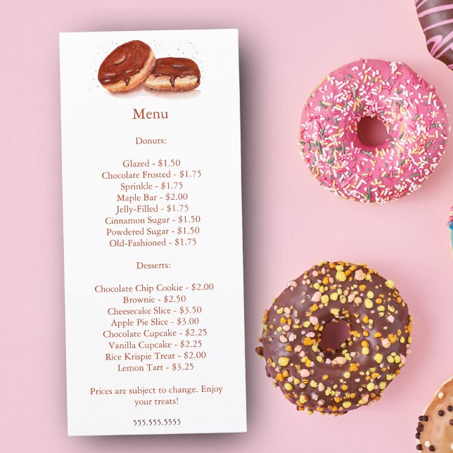 Menu Preço de Donuts Glacêados com Aquarela Chocolate (Enhance Your Bakery's Charm: Display Our Watercolor Chocolate Glazed Donuts Price Menu.)