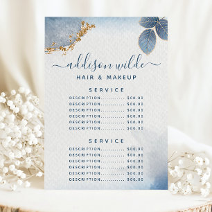Menu Preço do Serviço Botânico de Aquarela Blue Gold
