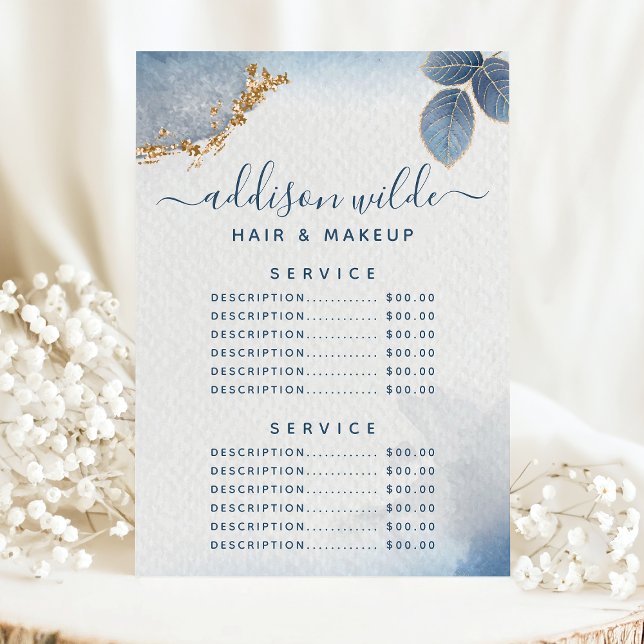 Menu Preço do Serviço Botânico de Aquarela Blue Gold (Criador carregado)
