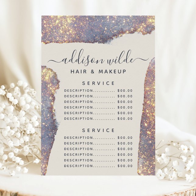 Menu Preço do Serviço de Glitter Glam Dourado Roxo Irid (Criador carregado)