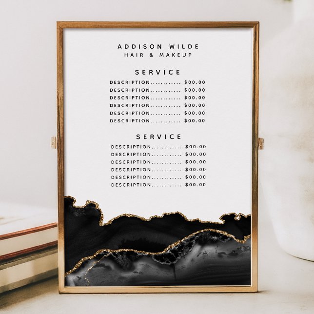 Menu Preço do Serviço de Mármore Preto e Dourado Ágata (Criador carregado)