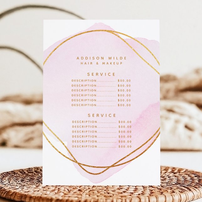 Menu Preço do Serviço Script Blush Rosa Aquarela Dourad (Criador carregado)