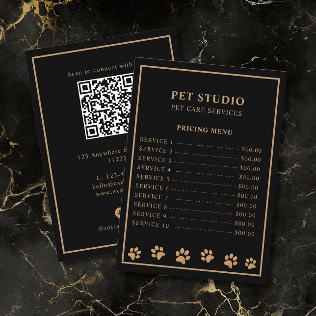 Menu Preços de Cuidados com Animais de Estimação Preto  (premium looking black gold modern luxury personalized pet care pricing menu card)