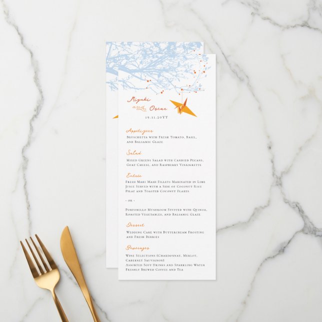 Menu Prendendo Origami Laranja Papel Crane Casamento As (Frente/Verso In Situ)