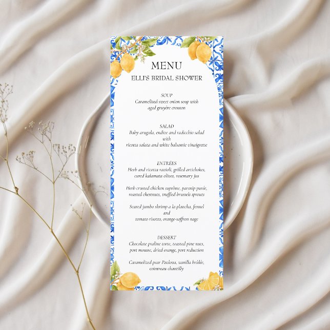Menu Presilha principal | Azulejos mediterrânicos Lemon (She found her main squeeze bridal shower menu)