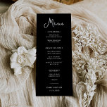 Menu Preto-branco e doce | Casamento<br><div class="desc">Estes cartões de cardápio preto, simples e na moda, apresentam tipografia branca, estilo vintage. Adicione suas opções de janto para iniciantes ou aperitivos, primeiro curso, prato principal ou entrada e sobremesas. Um olhar elegante e clássico minimalista que ainda é único e contemporâneo e é perfeito para a sua recepção de...</div>