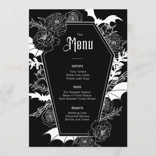 Menu Preto-Casamento Floral Gótico Elegante (Frente)