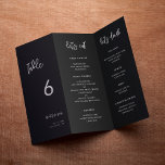 Menu Preto Contemporâneo e Número da Tabela triplo<br><div class="desc">Menu de casamento triplo e número da mesa: tudo em um, basta dobrar a folha de papel em 3 para obter o menu de pé. Uma tipografia ousada e moderna para sua papelaria de casamento, simples mas elegante com um tema preto e branco. Totalmente personalizável: você pode alterar as cores...</div>