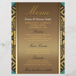 Menu preto Dourado do casamento da cerceta do