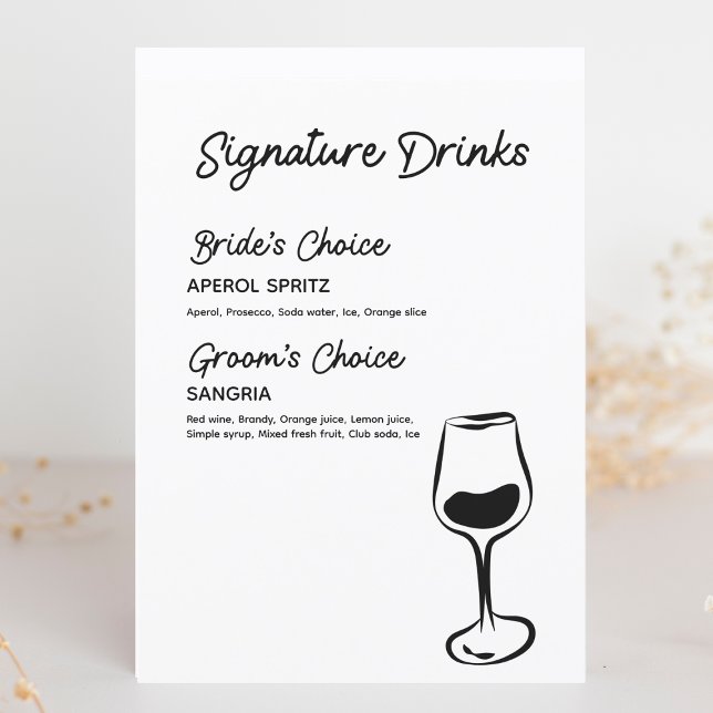 Menu Preto e Branco de Bebidas de Assinatura Perso (Elevate your bar with this trendy signature drinks sign, perfect for weddings and special events.)