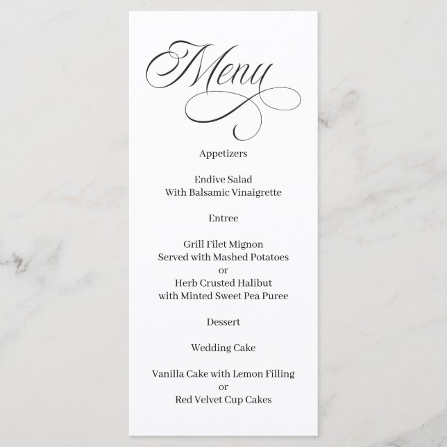 Menu Preto e Branco de Caligrafia Elegante (Frente)