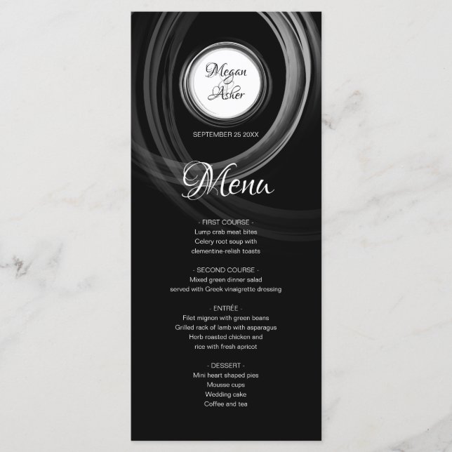 Menu Preto e branco elegante com anel prateado (Frente)