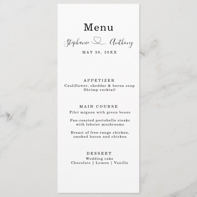 Menu Preto e Branco Minimalista com Casamento Cardíaco (Frente)