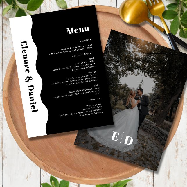 Menu Preto e branco mínimos | Casamento de Fotografias  (Minimal Black and White | Side Wave Photo Wedding Menu)