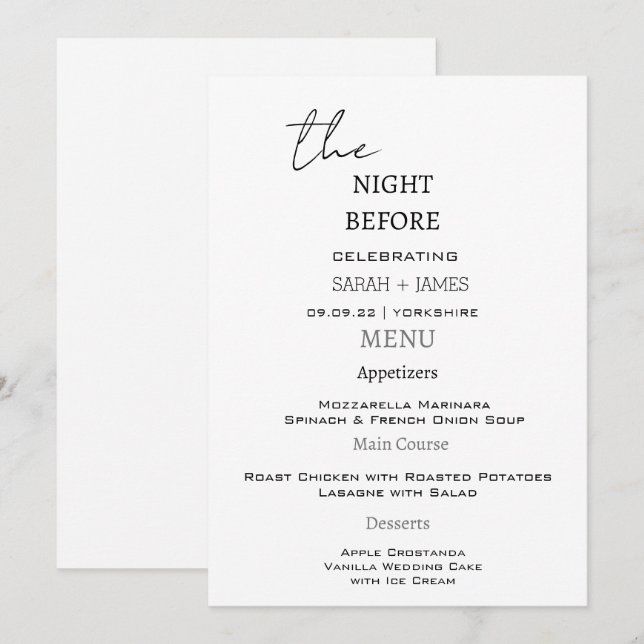 Menu Preto e Branco moderno na noite antes do casamento (Frente/Verso)