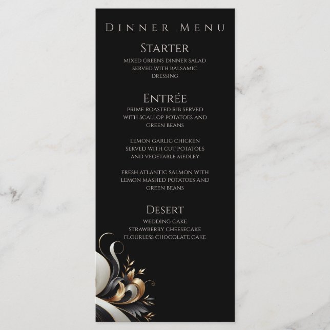 Menu Preto Elegante moderno e Dourado (Frente)