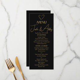 Menu Preto Elegante Negro Brilhante Casamento Cardíaco