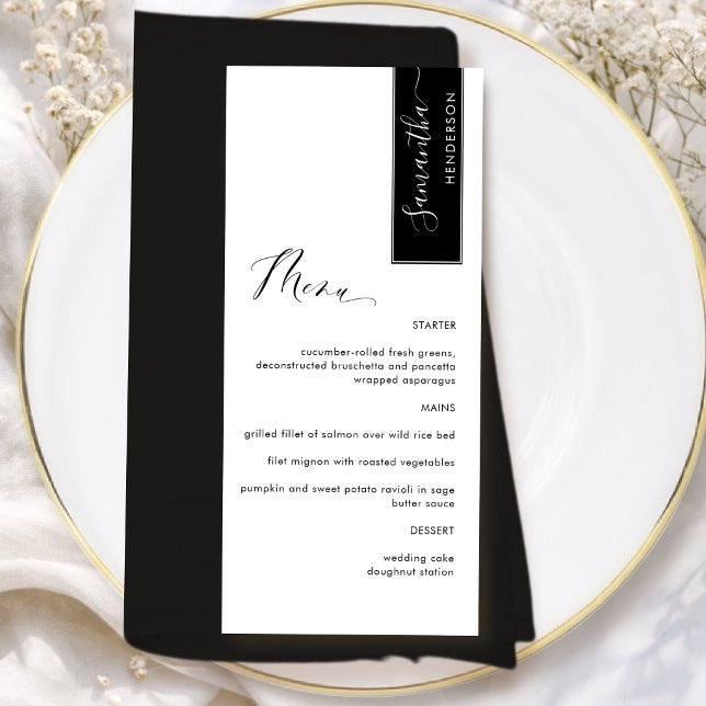 Menu Preto Personalizado com Nome do Convidado Elegante (Criador carregado)