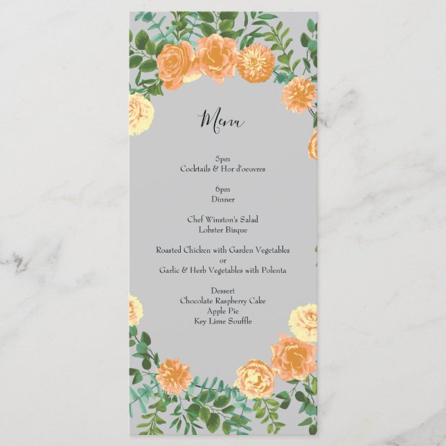 Menu Primavera Floral de Casamento de Cinza de Peach (Frente)