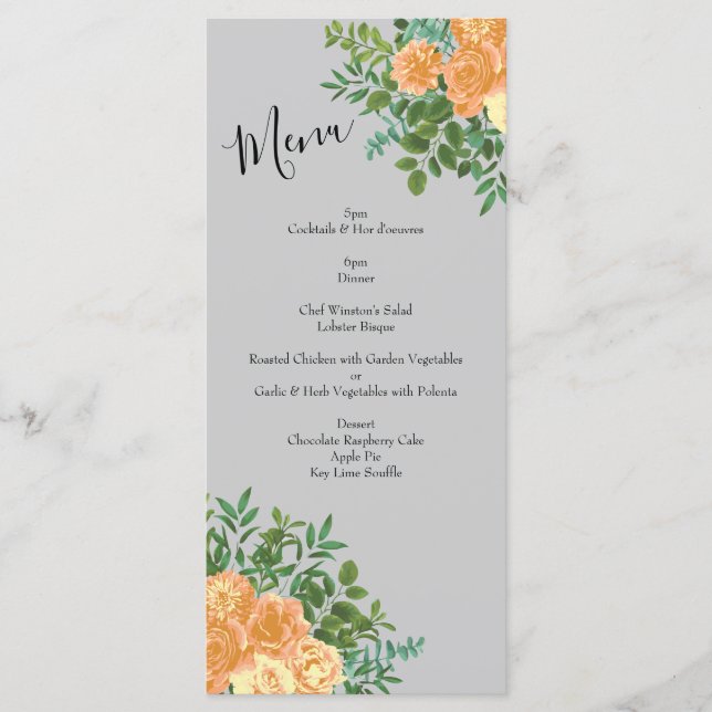 Menu Primavera Floral de Casamento de Cinza de Peach (Frente)