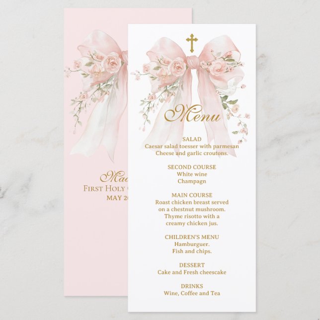 Menu Primeira Comunhão com Laço Floral - Coquette (Frente/Verso)